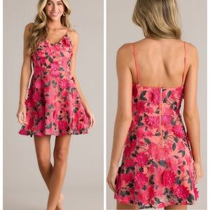 NEW JUST ME HOT PINK Embroidered Lace FLORAL MINI Flowy Fit & Flare DRESS Sz L